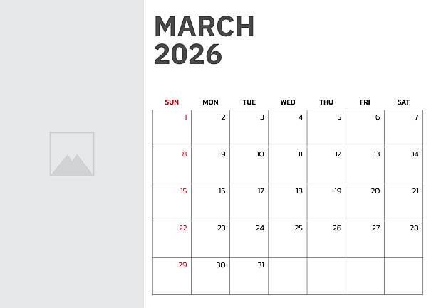 календарь на март 2026 года. начало недели в воскресенье. настольный календарь 2026 дизайн, простой и понятный дизайн, настенный календарь для п - март stock illustrations