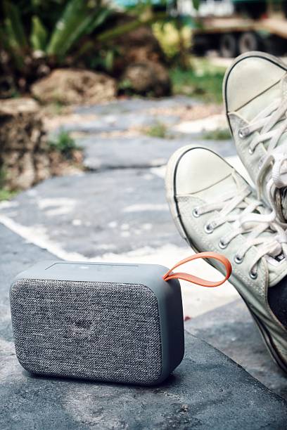 Selfie of bluetooth speaker and sneakers