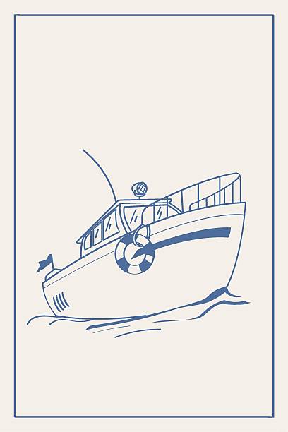 Vector illustration in doodle style. Simple sketch of a boat on the water with a life preserver.Sea weekend or vacation at sea.Retro style poster sketch. Vector illustration