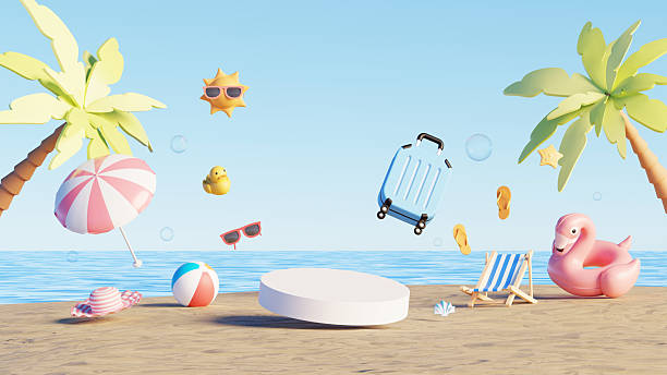 istock 3D render, Empty podium on summer beach scene with floating travel and vacation items 2208246102