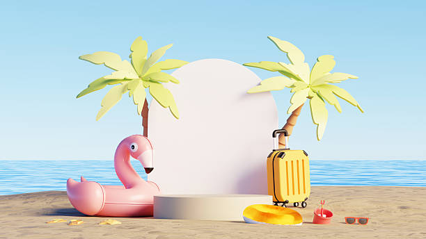istock 3D render, Summer beach scene with display podium, flamingo float, suitcase, and palm trees 2208246103