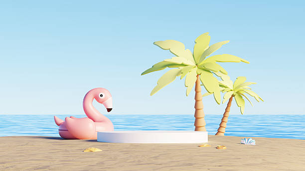 istock 3D render, Empty display podium on Tropical summer beach background with inflatable flamingo and palm trees 2208246107