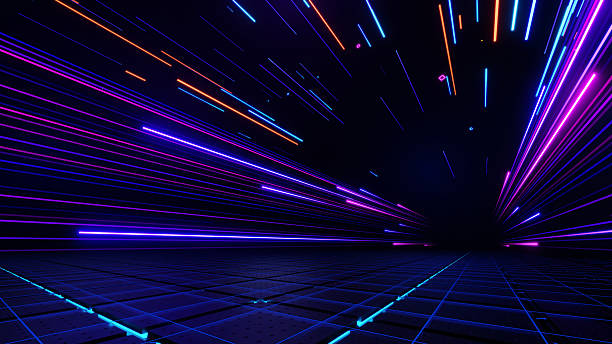 istock 3d render, Abstract futuristic neon light speed lines in dark digital tunnel background 2208246113