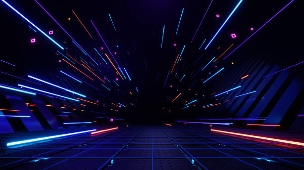 istock 3d render, Abstract dynamic neon lines and particles in futuristic digital tunnel background 2208246115