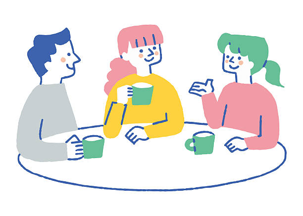 Three people talking and drinking coffee in a cafe_color Three people talking and drinking coffee in a cafe_color meeting at cafe stock illustrations