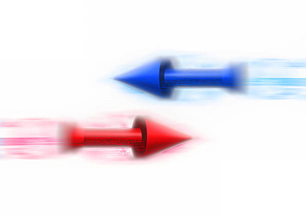 3d rendering of flying blue and red digital arrows on a white background