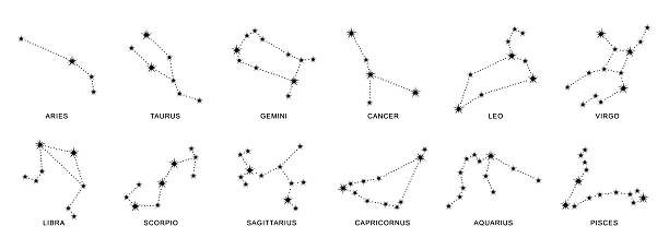 Zodiac sign constellations black icon set on white Zodiac sign constellations, icon set, black silhouette of stars and dots isolated on white. Minimalist signs in stencil style. Simple vector clipart for astrological and horoscope illustration. constellation stock illustrations