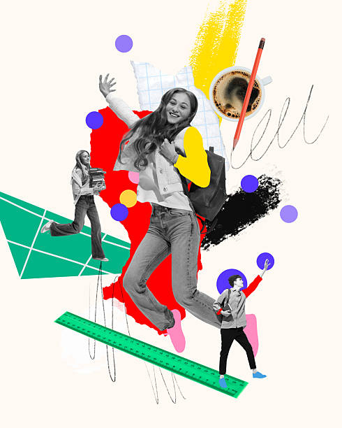Happy young student jumping mid-air, full of joy and movement, surrounded by school elements, representing passion for university life
