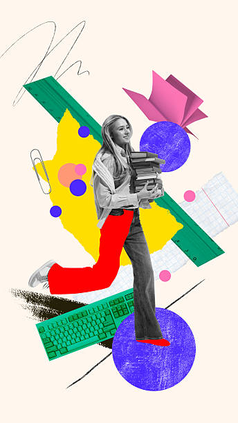 istock Young smiling woman, student walking confidently with colorful books in hands, getting ready for new semester. Contemporary art collage. 2208254064