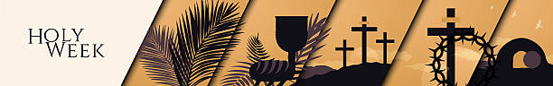 stockillustraties, clipart, cartoons en iconen met holy week theme horizontal header. palms, chalice and bread, three crosses on mountains, cross with crown of thorns, open tomb. vector illustration. eps 10. - paaszondag