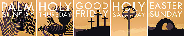 set set poster minimalis pekan suci. minggu palma, kamis putih, jumat agung, sabtu suci, minggu paskah. palem, piala dan roti, salib, kebangkitan, mahkota duri. kartu prapaskah minimal. - maundy-thursday ilustrasi stok