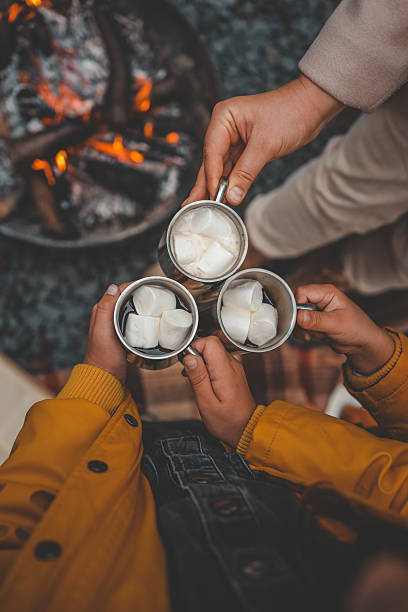 istock Group of people roasting marshmallows over a campfire, holding sticks with marshmallows near bright flames. Hot drinks with marshmallows are in their hands. Cozy outdoor moment 2208258676