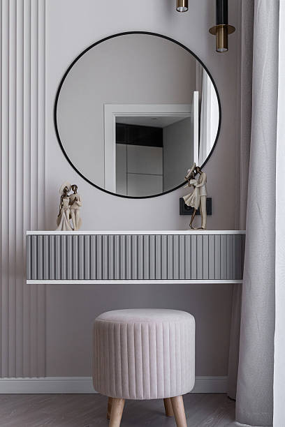 istock Dressing table for makeup. Modern dressing table with mirror with illumination. design of modern room with soft lighting. bedroom interior is decorated in beige shades. photos of interior. 2208259994