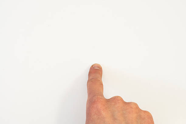 Minimal composition showing a close-up of a human hand pointing one finger straight ahead on a blank white background, symbolizing commands, touch, or instruction
