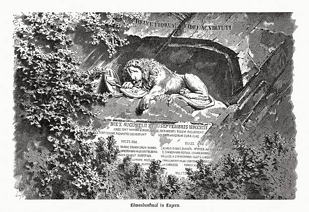 Historical view of the Lion Monument in Lucerne, Switzerland - a rock relief, designed by Bertel Thorvaldsen (Danish-Icelandic sculptor , 1770 - 1840) and hewn in 1820/21 by Lukas Ahorn. It commemorates the Swiss Guards who were killed in 1792 during the French Revolution, when revolutionaries stormed the Tuileries Palace in Paris. It is one of the most famous monuments in Switzerland, visited annually by about 1.4 million tourists. In 2006, it was placed under Swiss monument protection. American author Mark Twain praised the sculpture of a mortally wounded lion as 