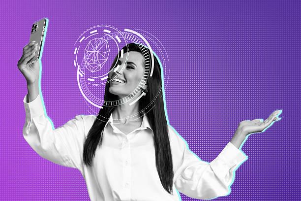 Creative design composite trend artwork collage of young lady smile selfie hand hold smartphone identity remote web surveillance look spy