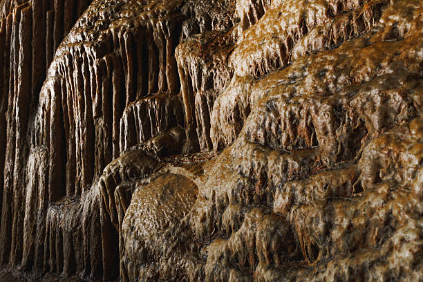 Cavern wall texture for copy space. Cave, humidity, stalactite, stalagmite. High quality photo