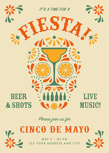 ilustraciones, imágenes clip art, dibujos animados e iconos de stock de plantilla de diseño de cartel o volante del cinco de mayo con calavera decorada y elementos decorativos florales. - cultura mexicana