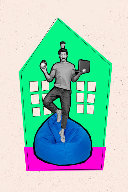 istock Template sketch image composite artwork collage of young man stand balance hold clock coffee beanbag laptop business worker hr employment 2208272166