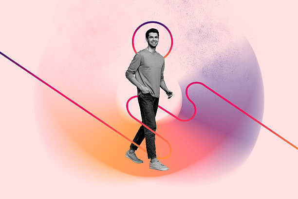 istock Composite art 3d creative image collage of happy handsome man walk colorful doodle line motion wear casual clothes on drawing background 2208272173