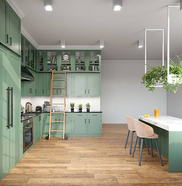 istock Green kitchen with white countertops 2208276666