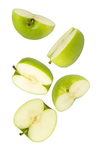 istock Falling Green Apple isolated on white background with clipping path, full depth of field 2208277031