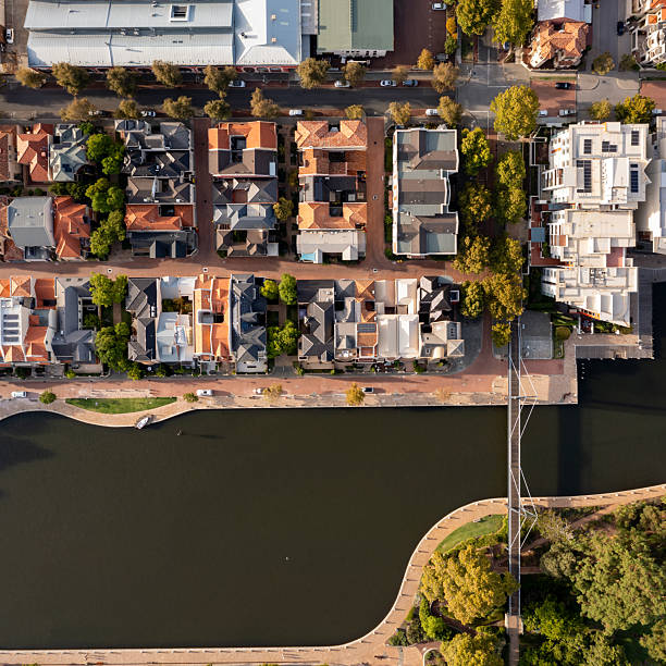 Aerial View from Harbour and residential area in East Perth on the Swan River. Perth, Western Australia, Australia