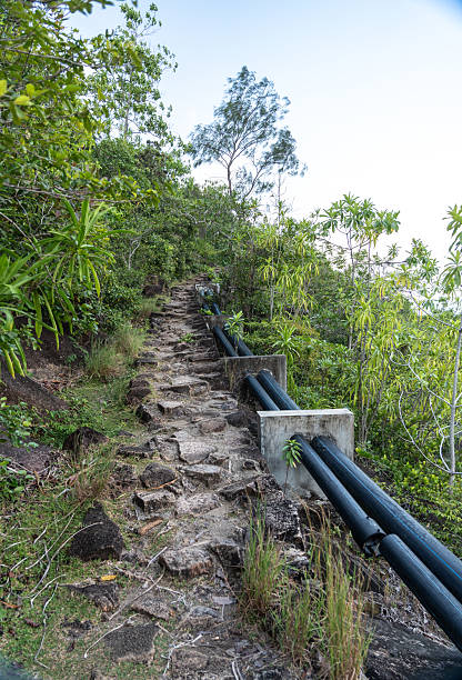 istock Stone hiking trail with black utility pipes and 2208283934