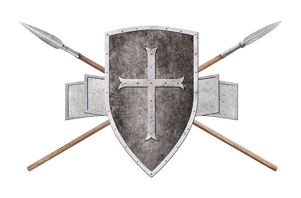 black medieval shield decorated with a cross two spears and metal banner isolated on white