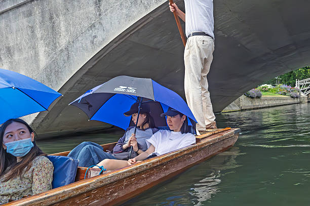 Cambridge, England, UK, July 2022: tourists punting on the River Cam through the centre of Cambridge on a bright sunny summer's day. There is a guide using the punting pole. Asian tourists are in the punt with umbrellas up to protect against the sun.