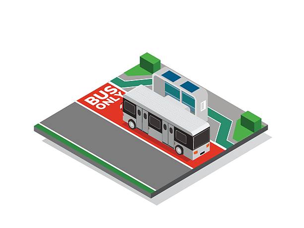 istock 3D Isometric illustration of a bus on a designated BUS ONLY lane approaching a modern bus stop with shelters 2208301573