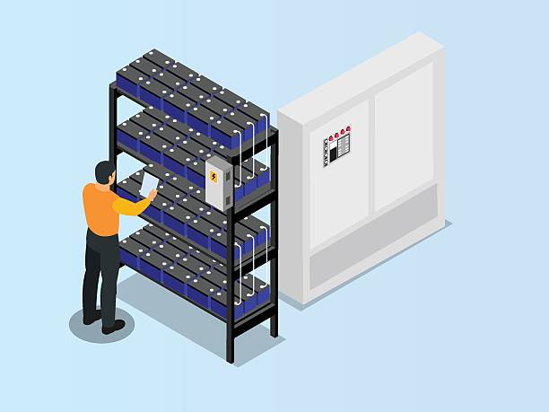 Industrial Battery Storage System - 3D Isometric Illustration 3D Isometric illustration depicting a technician inspecting a large industrial battery storage system with multiple racks of batteries and a control panel ups power supply stock illustrations