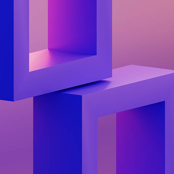 istock Abstract geometric tech background with square frames in neon light 3d render. Futuristic architecture construction design. Purple framework block shapes with blue pink gradient 2208309289