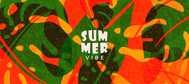 Summer tropic pattern background. Tropical jungle leaves banner design with retro modern texture. Exotic nature concept in creative style. Orange and green monstera leaves vector illustration.