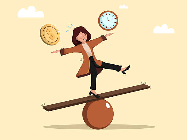 istock Work-Life Balance Struggles Depicted by a Businesswoman Balancing on a Seesaw Between Time and Money. 2208312728
