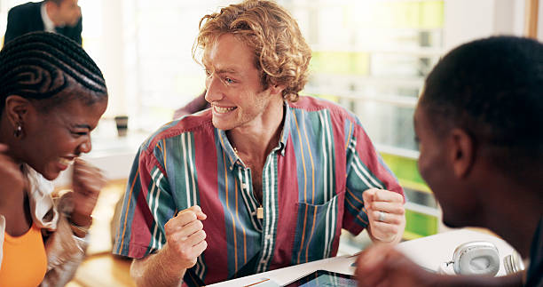 istock Excited, student or people in celebration for university exam success in classroom with smile, goal or education. Happy, winning or project feedback in college with learning achievement or teamwork 2208314573