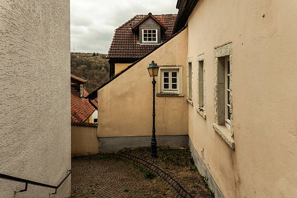 istock Cobblestone pathway with vintage lantern in quiet residential area on a cloudy day 2208316917