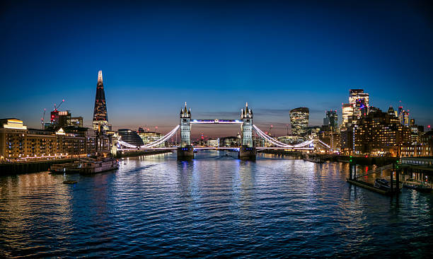 istock Panoramic night, low angle view of the illuminated Tower Bridge in London 2208320656
