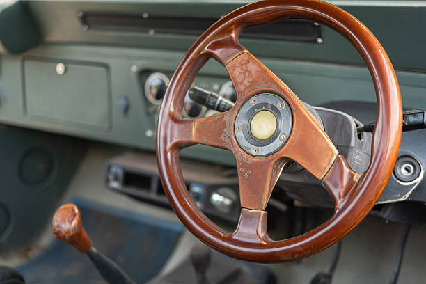 Close-up at wooden steering wheel of the classic car.