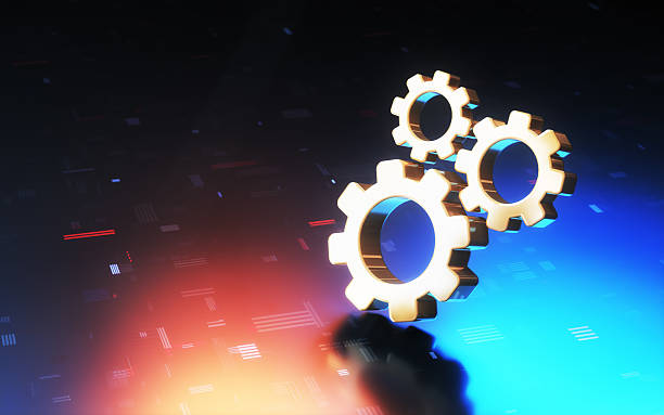 istock Metallic Yellow Shining Working Gears on Technological Digital Blue Yellow Data Background 2208328304