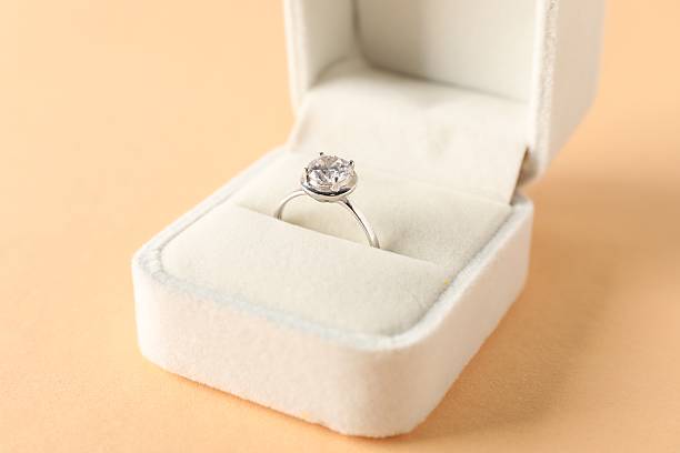 istock Beautiful ring with gemstone in box on beige background, closeup 2208328676