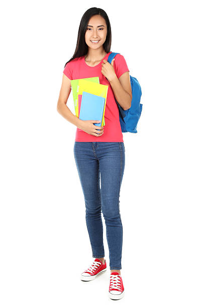 istock Young woman with books and backpack on white background 2208334650