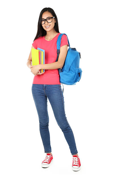 istock Young woman with books and backpack on white background 2208335258