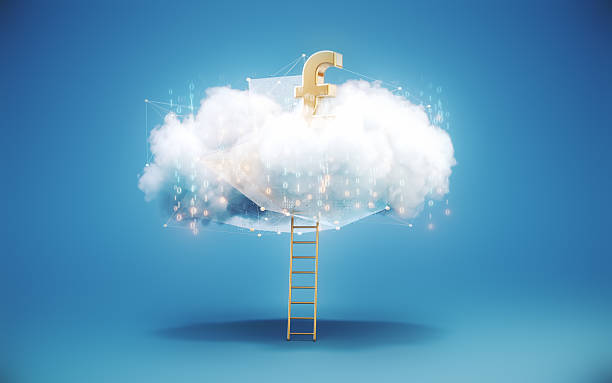 istock Futuristic Innovation Digital Ladder Digital Cloud System and Pound Symbol, The Road to Success 2208335647