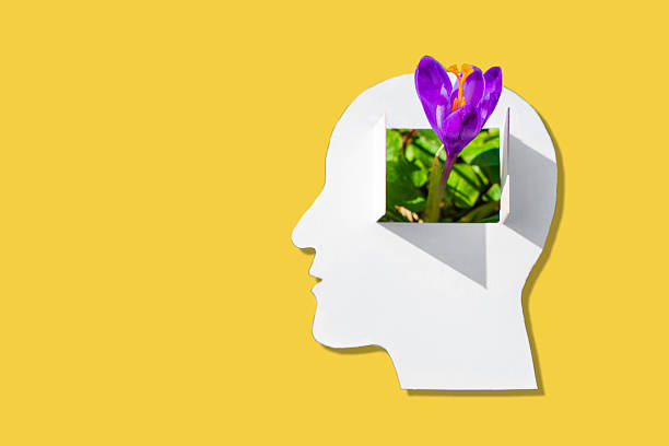 istock Man's Profile Head Cutout With Crocus Flower and Shutter Effect On Yellow Background 2208340099