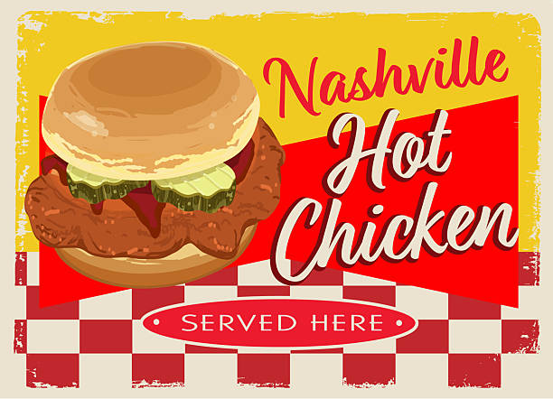 Vector illustration of a Nashville Hot Chicken sandwich retro vintage Diner restaurant menu sign design concept in bright colors. Lot's of texture. Use for Restaurant or Diner. All fonts outlined or expanded. Fully editable vector eps and high resolution jpg in download. Royalty free design.