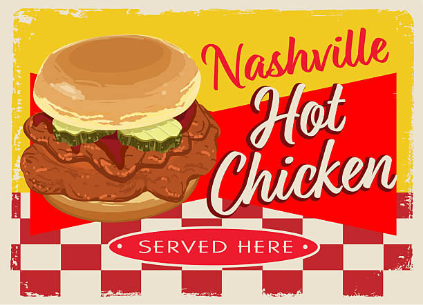 Vector illustration of a Nashville Hot Chicken sandwich retro vintage Diner restaurant menu sign design concept in bright colors. Lot's of texture. Use for Restaurant or Diner. All fonts outlined or expanded. Fully editable vector eps and high resolution jpg in download. Royalty free design.