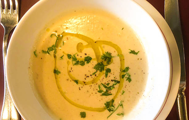 Paris, France: Bowl of Garnished Asparagus Soup Overhead