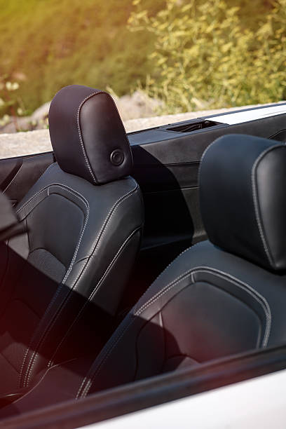 Convertible interior in bright daylight showing black leather seats with crisp white stitching, detailed headrests, vibrant greenery backdrop. Ideal for automotive ads, travel themes.