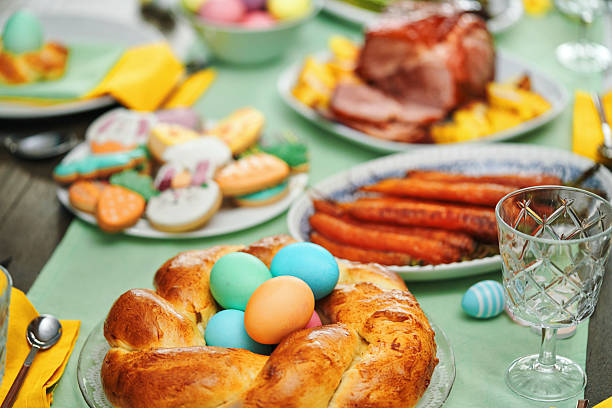 Easter Lunch with Roast Pork, Vegetables, Easter Cookies and Easter Cake